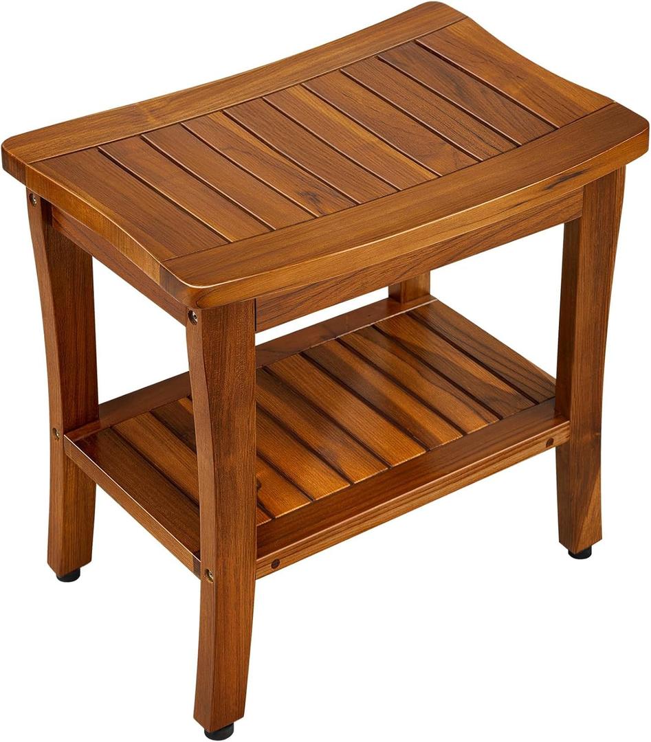 TEAKMAMA 20" Teak Shower Bench Waterproof Wooden Chair for Inside Use, Teak Shower Stool with Shelf for Bathroom, Durable Bath Bench for Elderly, Assembly Required