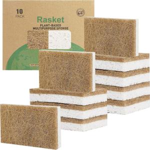 10 Pack Biodegradable Natural Sponges Kitchen - Compostable Cellulose and Coconut Walnut Scrubber Sponge - Eco Friendly Sponges for Dishes