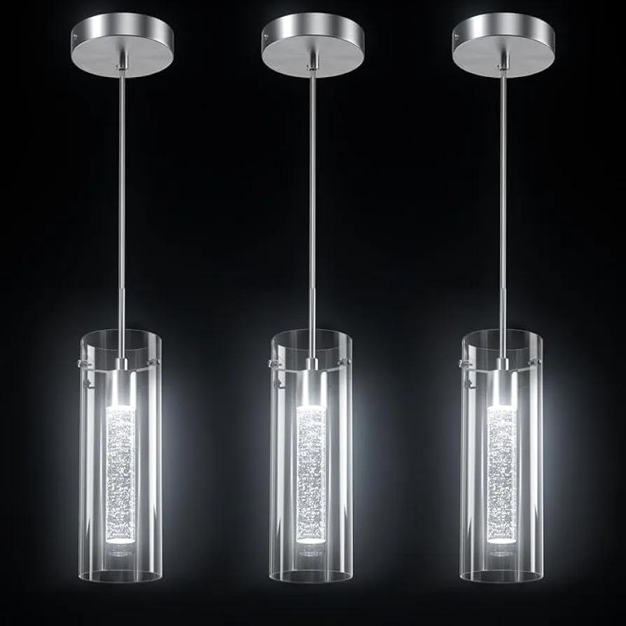 Pendant Ceiling Light Fixture, LED Kitchen Lighting Crystal Pendant Lights Kitchen Island, 1-Light Integrated Kitchen Hanging Light Fixture Modern Island Light with Bubble Glass Three Pack
