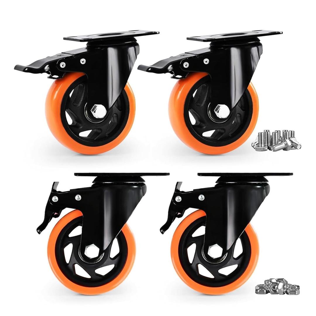 Caster Wheels, Heavy Duty 4 Inch Casters Set of 4, Locking Swivel Casters Wheels for Cart, Furniture and Workbench, Orange