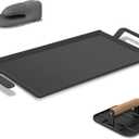 Carbon Steel Griddle Comes with Grill Press, Double Burner Griddle for Gas Stove, Electric Range, Outdoor Gas Grill, Induction, and Oven, Pre-seasoned Nitride Coating Compatible with Made in