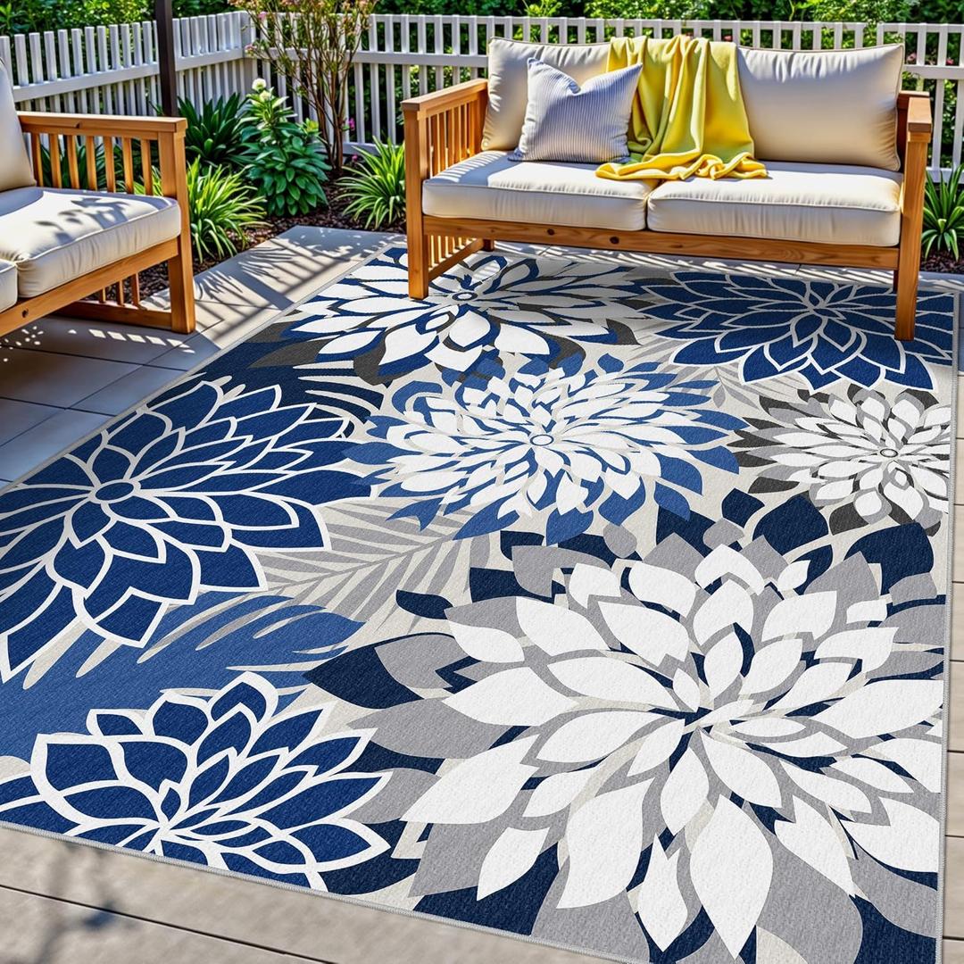 8x10 Outdoor Area Rug Washable Multicolored Patio Rug Tropical Botanical Floral Chenille Waterproof Outdoor Carpet Non-Slip for Deck, Backyard, Porch, Blue
