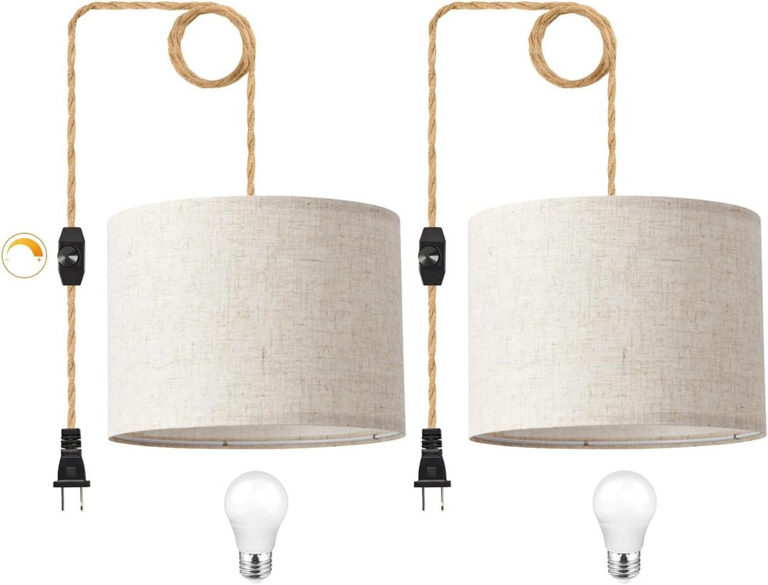 Plug in Pendant Light, Hanging Light with Plug in Cord with Dimmable Switch, Hanging Lamp with 15ft Hemp Rope, Beige Linen Shade, Fixture for Bedroom, Living Room 2 Pack