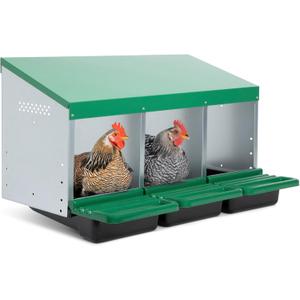 Classic Style 3 Compartment, Forward Rollout & Rollaway, Hen & Chicken Nesting Box with Integrated Perch and Protective Egg Laying Collection Lids