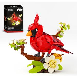 Northern Cardinal Building Set, Male Cardinal Bird with Blooming White Dogwood Flowers, Creative Set for Adults to Build and Display, Red Cardinal Modle, Memorial Gifts for Bird Lovers