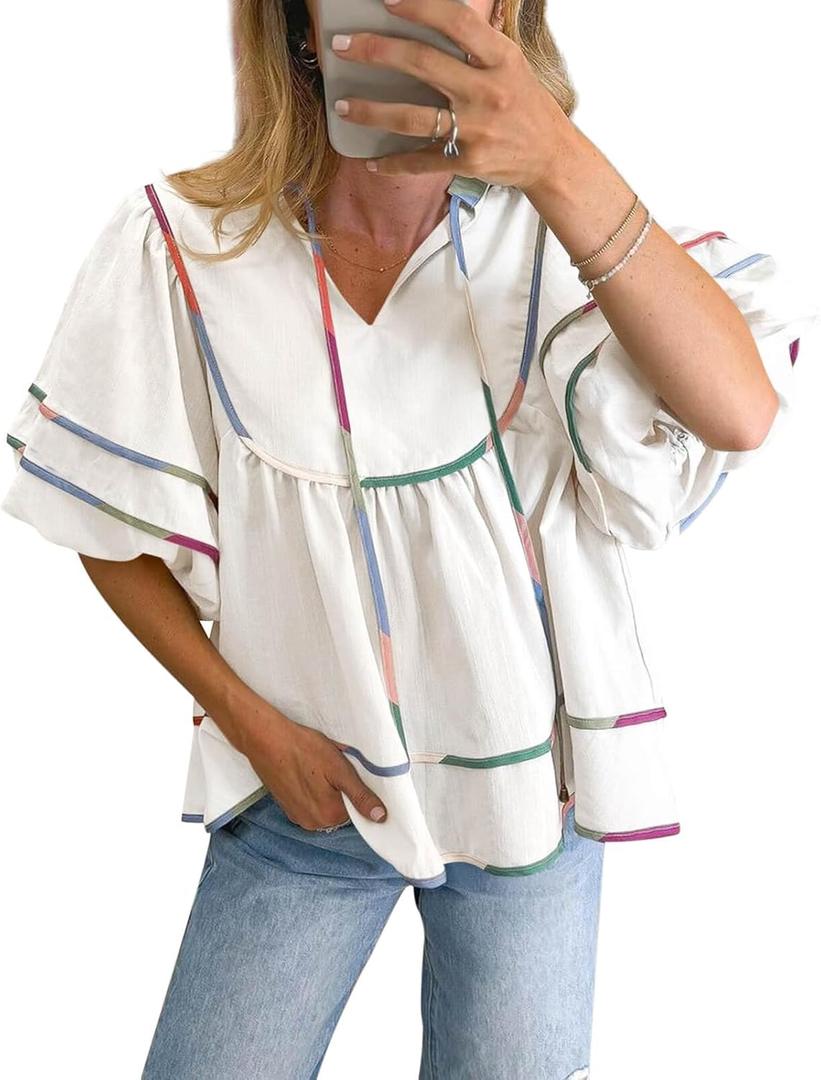 Cicy Bell Womens Summer Babydoll Tops V Neck Short Lantern Sleeve Shirts Cute Loose Fit Peplum Flowy Blouses, L