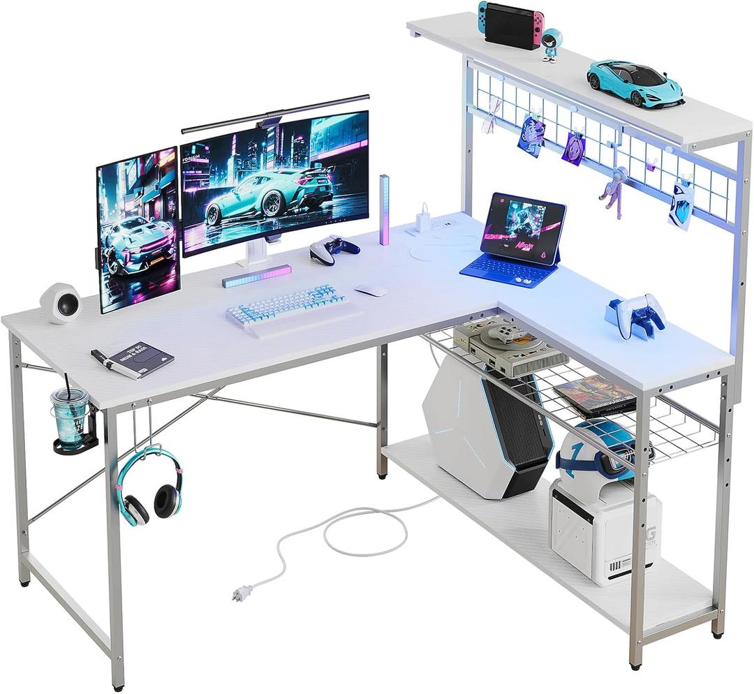 Bestier Gaming Desk 51" L-Shaped, with Power Outlets & LED Lights- 4 Tier Shelves, Reversible Gamer Table with Hooks & Cup Holder for Home Office,Carbon Fiber White (51 Inch)