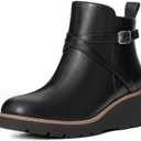 Athlefit Women's Wedge Ankle Boots Fashion Platform Lug Sole Buckle Short Booties with Side Zipper (6, Black)