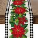 OTOSTAR Black and White Buffalo Check Plaid Holly Christmas Flowers Table Runner, Xmas Seasonal Winter Holiday Kitchen Dining Table Decoration for Home Party Decor 13x108 Inch