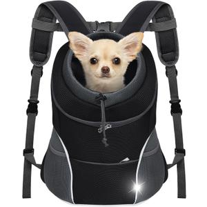 YUDODO Dog Front Carrier Backpack, Adjustable Breathable Pet Carrier for Small Dogs, Ventilated Puppy Back Pack with Safety Belt, Lightweight Doggy Backpack for Hiking Outdoor (Black, S: 2-4.5 lbs)