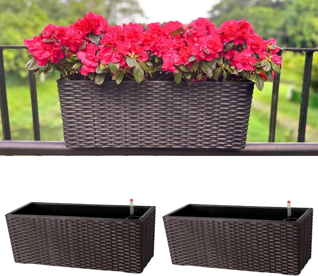LaLaGreen Outdoor Rail Planter for Balcony (20 Inch, 2 Pack) Large Black Self Watering Railing Planters with Brackets, Rectangular Plastic Window Flower Box Fence Designer Choice with Rattan Pattern