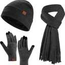 Women's Winter Beanie Hat Scarf Gloves Set, Warm Fleece Interior Knit Hat with Long Scarf Touchscreen Gloves 3 in 1 Set