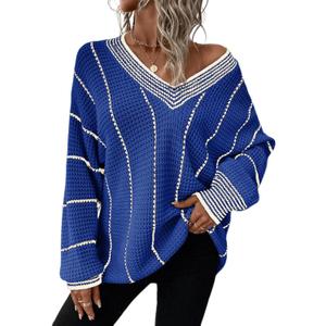 Dokotoo Womens Oversized Striped Tunic Sweaters Casual V Neck Long Sleeve Color Block Knit Pullover Jumper Tops (Medium, Dark Blue)