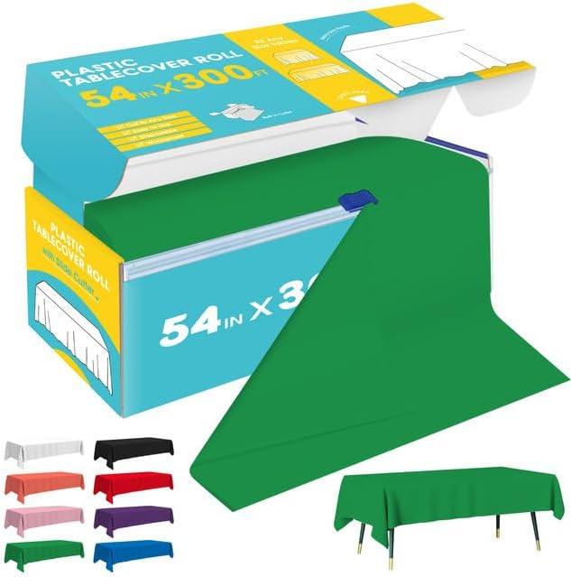 Niuara Green Plastic Table Cover Roll - 54IN x 300FT, Table Cloth for Rectangle Table with Slide Cutter, Plastic Table Cloth Disposable with Cut-to-Size Design for Weddings, Banquets, Parties