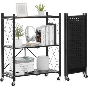 ALANNG Heavy Duty 3-Tier Folding Shelf with Wheels, No Tools Assembly Display Metal Shelving Units, Storage Rack Cart for Kitchen Pantry Laundry Room Garage, Black