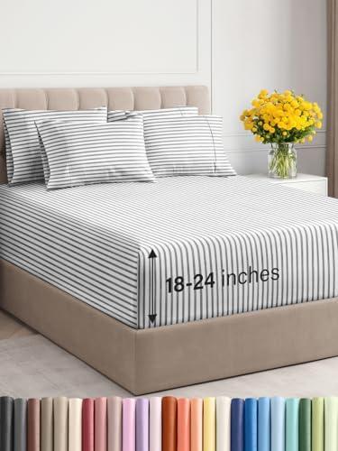 Extra Deep King Sheet Set - 6 Piece Breathable and Cooling Sheets - Hotel Luxury Bed Sheets Set - Easy Fit - Soft, Wrinkle Free and Comfy Sheets Set - Grey Striped Sheet Set with Extra Deep Pockets