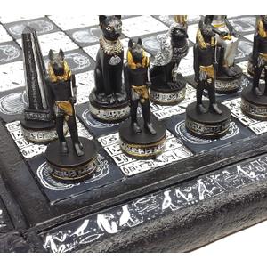 Egyptian Anubis Chess Set Black Silver and Gold Men with 16" Hieroglyphic Board