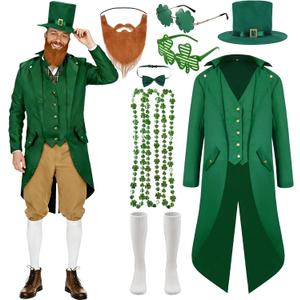 St Patricks Day Costume 10 PCS Adult Leprechaun Costumes Men Steampunk Tailcoat with Hat Glasses Bead Necklaces Beard (Small)