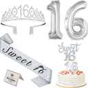 Sweet 16 Birthday Decorations for Girls Silver with Sweet 16 Sash and Tiara, Cake Topper and Candles, Silver Number Balloons, 16th Birthday Gifts for Girls