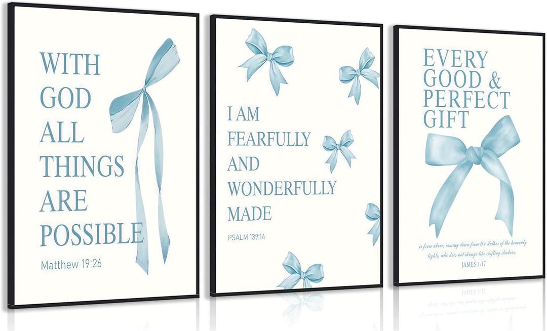 3 Pcs Blue Bow Wall Art Inspirational BiblePreppy Painting Pictures Wall Decor Blue Bow Bible Posters Prints Artwork Aesthetic for Girls Room College Apartment Living Room Bedroom Unframed, 24L"X16W"