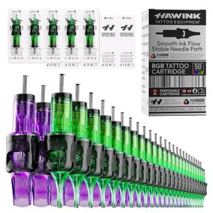 HAWINK 50PCS Tattoo Needles Cartridge Assorted Mixed Size Round Liner Shader Magnum Curved/Round Mag 10#(3RL 5RL 7RL 3RS 5RS 7RM 9RM 11RM 13RM 15RM)*5PCS with Membrane Professional EN20-FG-50KIT-N
