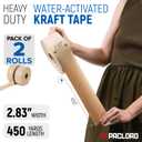 2.83" x 450' Water Activated Kraft Tape, Pack of 2 – Reinforced Gummed Paper Packing Tape for Shipping Boxes, Tamper-Proof, Eco Friendly, Strong Seal, Writeable Surface