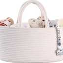 Baby Diaper Caddy Organizer for Girl Boy Cotton Rope Nursery Storage Bin Basket Portable Holder Tote Bag for Changing Table Car Travel Baby Shower Gifts Newborn Essentials Registry Must Haves White