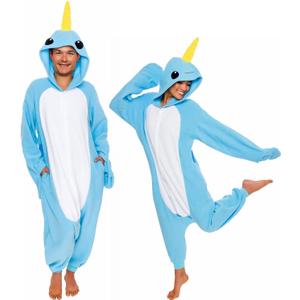 Funziez! Sea Creatures Onesie Lobster, Clown Fish, Hammerhead Shark, Octopus, Squid - Plush Adult Animal Costume Jumpsuit (Medium, Narwhal)