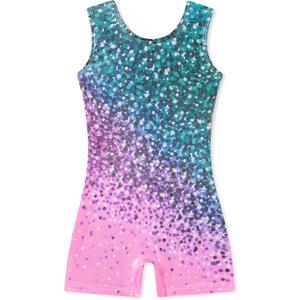 Funnycokid Girls Gymnastics Leotards with Shorts Sparkle Dance Unitards Mermaid Active Biketards 2-10 Years (3-4T, A1 Diamond Green Pink)