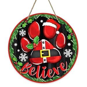 Deroro Christmas Believe Dog Paw Front Door Sign, Xmas Wood Door Hanger Outdoor Outside Porch Decor Pet Lover Gifts, Funny Winter Holiday Wooden Wreath Indoor Wall Hanging Decoration