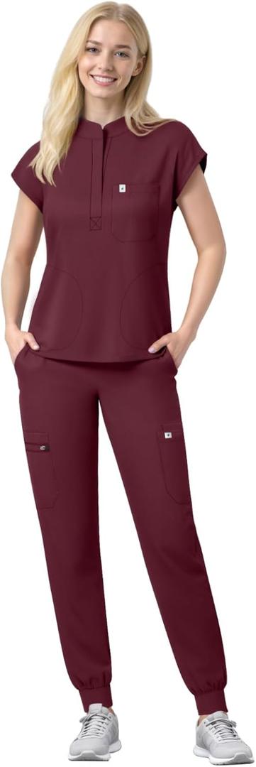 Scrubs Set for Women Medical Uniform Nurse Suit, Anti-Wrinkle Scrub Top Jogger Pant&11 Pockets,4 Way Stretch Workwear (Small, Burgundy)