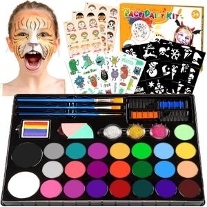 Face Painting Kit for Kids, 24 Colors Water Based Non-Toxic Face Paint with Stencils & Brushes, Professional Body Makeup Set with Guide Book, Washable Face & Body Paint for Halloween Birthday Parties