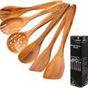 6-Piece Wooden Spoons and Utensils Set for Cooking - Smooth Finish Teak Wood Kitchen Tools with Comfort-Grip - Non-Stick Spoons, Spatula, Turner, Skimmer