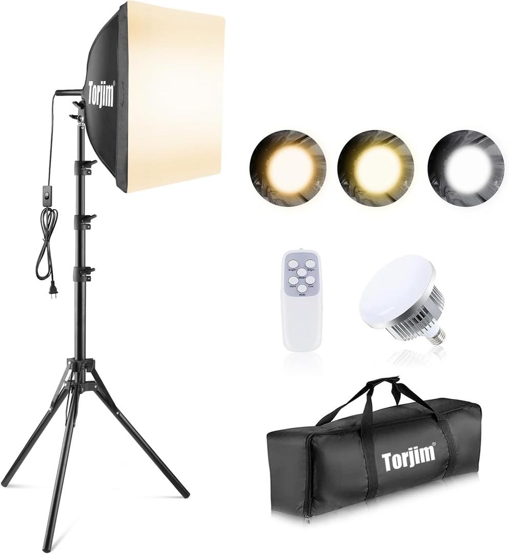 Torjim Softbox Photography Lighting Kit, 16'' x 16'' Professional Softbox Lighting Kit with 85W 3000-7500K LED Bulbs, Studio Lights for Photography/Video Recording/Live Streaming/Portraits Shooting (16inch)