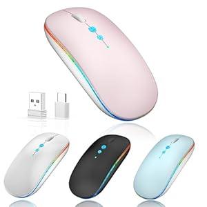 Halpilt LED Wireless Mouse A100S Rechargeable Portable Silent Mouse with Optional USB and Type-C Receiver 3-Speed Adjustable DPI for PC/Mac/Laptop (Rose Powder)