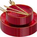 I00000 150Pcs Red Plastic Plates with Gold Rim,Fancy Plastic Plates,Red hammer patterned Disposable plates Set include 30 Dinner Plate,30 Dessert Plate,90 plastic Silverware Set for Valentine's Day