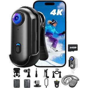 4K Action Camera with 64GB Card, Mini Body Camera with Audio Recording, Wi-Fi Magnetic Hands-Free POV Cam for Motorcycle Helmet Vlogging with Waterproof Case & 360 Rotatable Clip