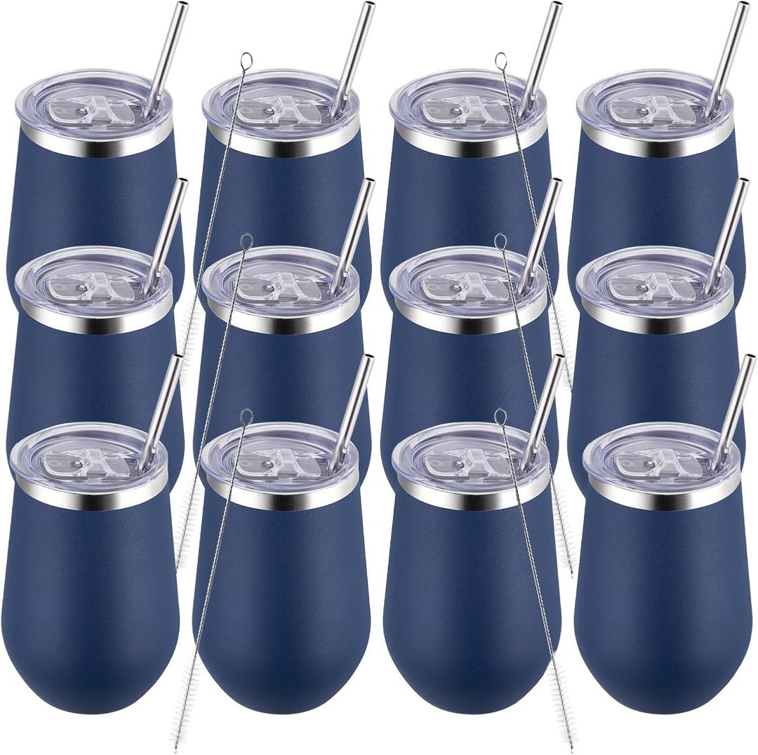 MEWAY 12oz Stainless Steel Wine Tumbler with Lid - Double Wall Vacuum Insulated Swig cups for Hot and Cold Drinks, Ideal for Coffee, Wine, Beer, gifts for Women under 10 dollars(Navy,Set of 12)