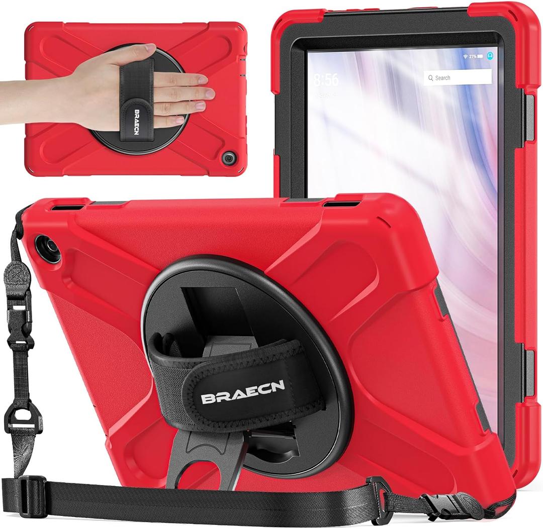 BRAECNstock for Amazon Fire HD 10 Tablet Case 13th Gen 2023 10.1" Shockproof Rugged Kindle Fire HD 10 Kids Tablet Cover with Screen Protector Rotating Hand Strap+Stand Shoulder Strap Pen Holder - Red