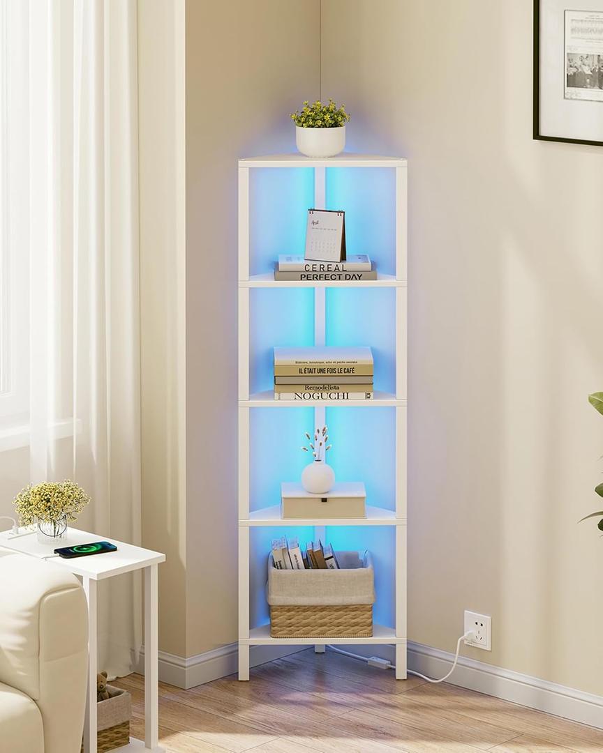 TUTOTAK Corner Shelf with LED Light, 5-Tier Corner Bookshelf for Small Space, Narrow Display Corner Shelf Stand with Storage Rack, for Living Room, Bedroom, White