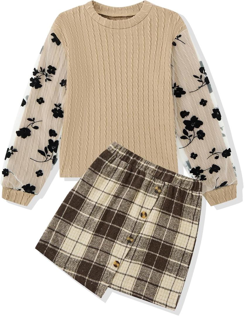 Girl Clothes Girls Outfits Flare-lace Sleeve Top and Plaid Skirt Dress Fall Winter 2Pcs Girls Clothes 6-14T (11-12 Years, Apricot)