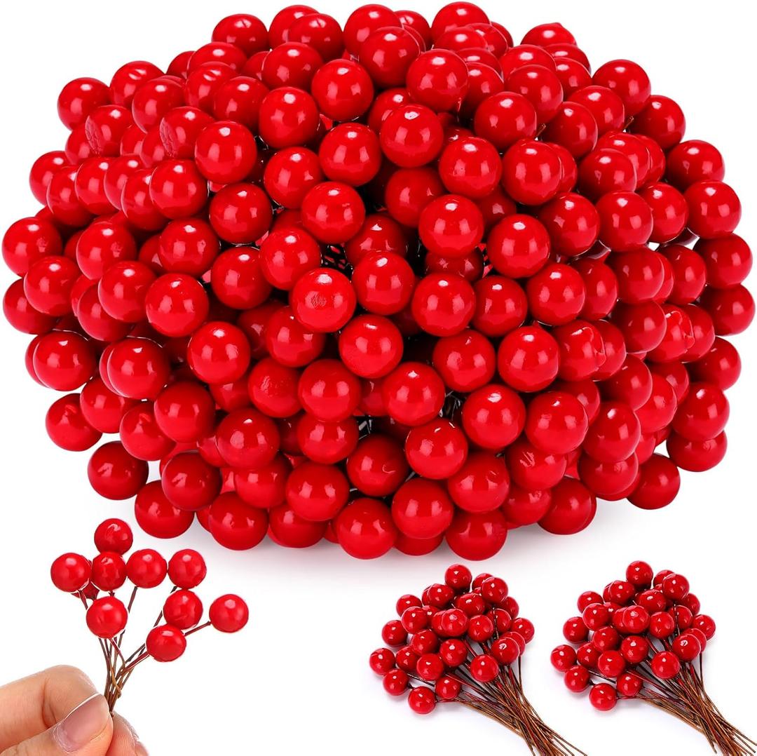 500 Pcs Artificial Holly Berries, Mini 10 mm Christmas Fake Berry with Stem Berry Picks for Xmas Tree Home Deocr Wreath DIY Craft Winter Holiday Party Decoration(Red,Pure)