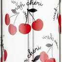Creative Brands Bella Mon Cheri Red Cherry Pattern 20 ounce Glass Bamboo Drinking Smoothing Travel Tumbler with Straw