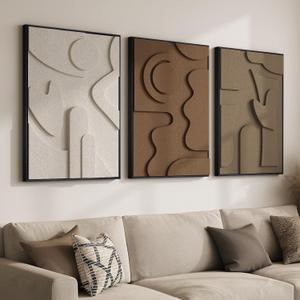 Large 3D Textured Framed Neutral Abstract Wall Art for Living Room, 3 Piece, 24"w X 36"h X 3pcs