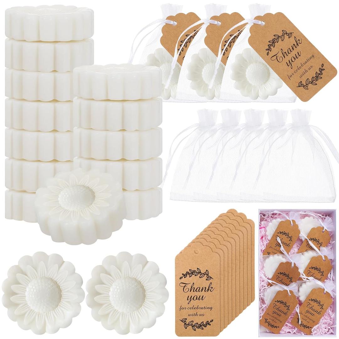 25 Set Sunflower Mini Soap for Wedding Party Favors Bridal Shower Favors Baby Shower Soap Guests Gifts Small Handmade with Drawstring Organza Bags and Thank You Cards(White)