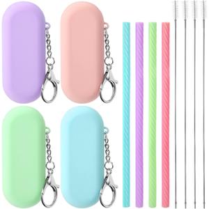 Meanplan 4 Sets Cruise Ship Essentials,4 Set Silicone Straws with Case Reusable Silicone Portable Drinking Straw Set for Party Travel Cold or Hot with 4 Carry Case, 4 Cleaning Brushes (Classic Color)