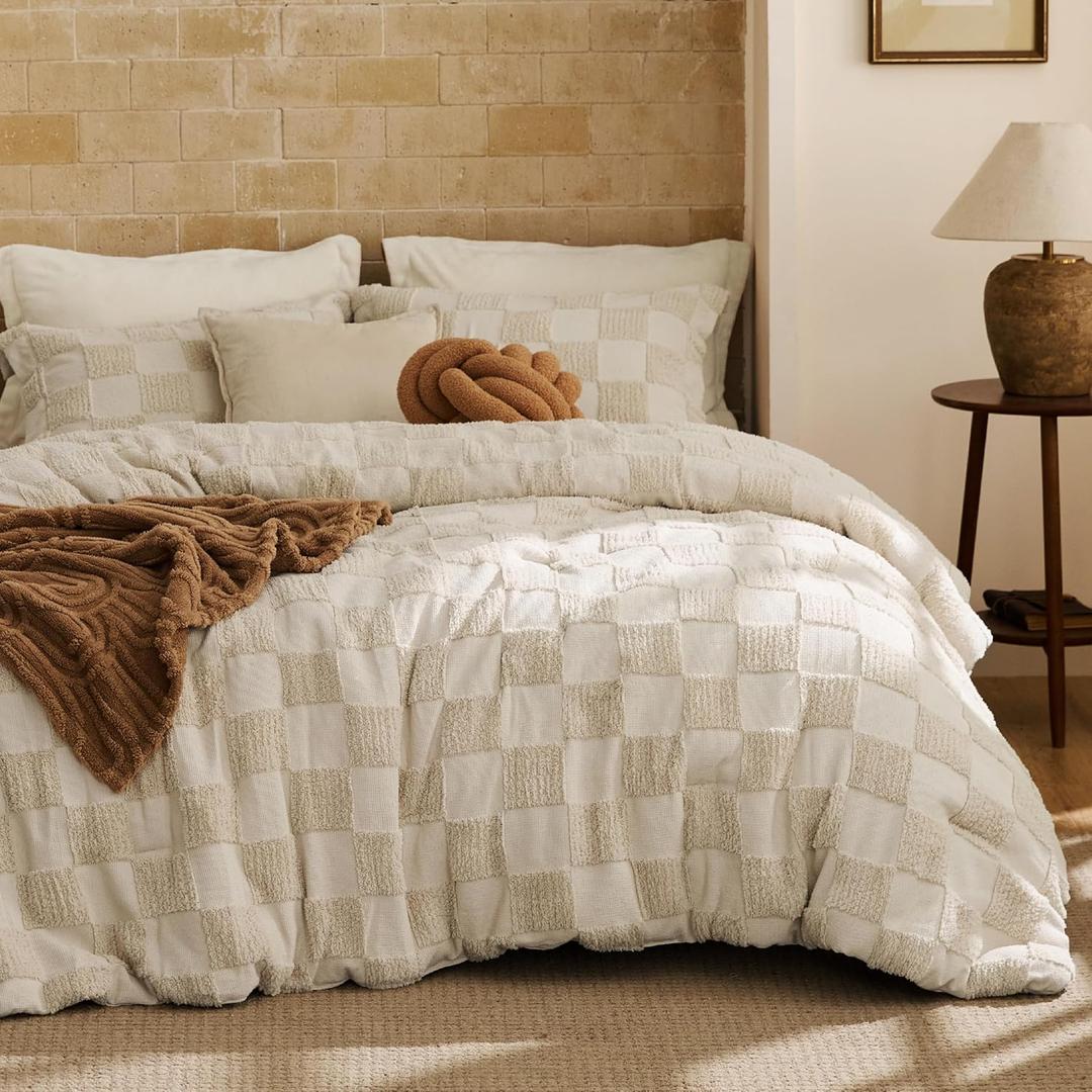 Bedsure King Size Comforter Set Beige, Boho Tufted Bed Set, Checkered Farmhouse-Style Distressed Vintage Bedding, 3 Pieces, 1 Plaid Geometric Comforter and 2 Pillow Shams