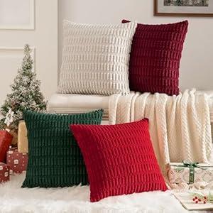 MIULEE Pack of 4 Christmas Boho Farmhouse Red and Green Corduroy Decorative Throw Pillow Covers 20x20 Inch Retro Soft Striped Pillow Covers Home Decor for Sofa Living Room Couch Bed