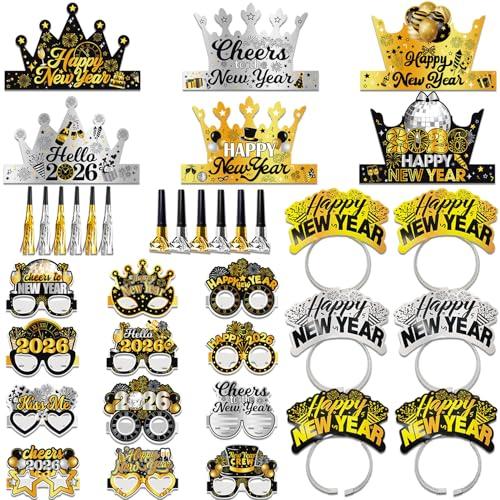 LECONCES New Year's Eve Party Supplies 2026, Happy New Year Party Favors Set- New Years Paper Hats, 2026 New Year Headband, Eyeglasses, Blowouts for New Years Eve Party
