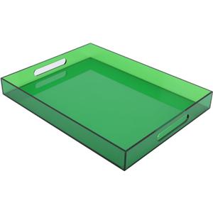Large Acrylic Tray Ottoman Coffee Table Tray with Handles 17x13'' Decorative Serving Platter for Food Tea Dinner Snack Eating Bar Party, Emerald Green